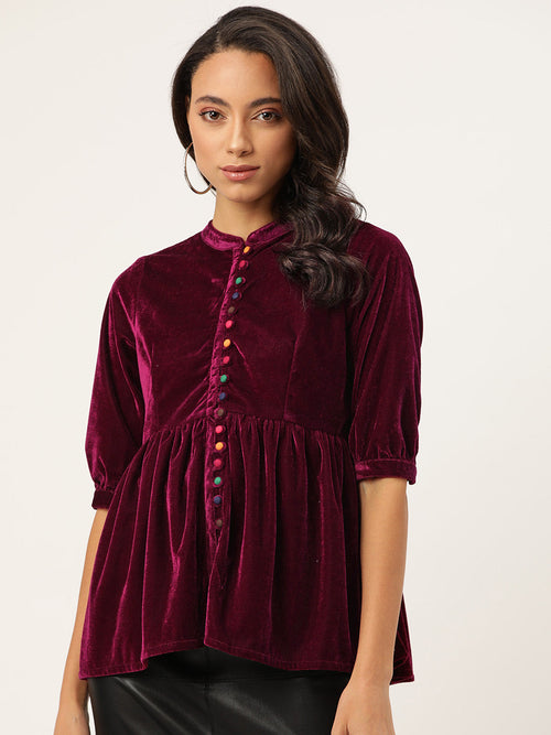 Burgundy Velvet Front Button Gathered Top