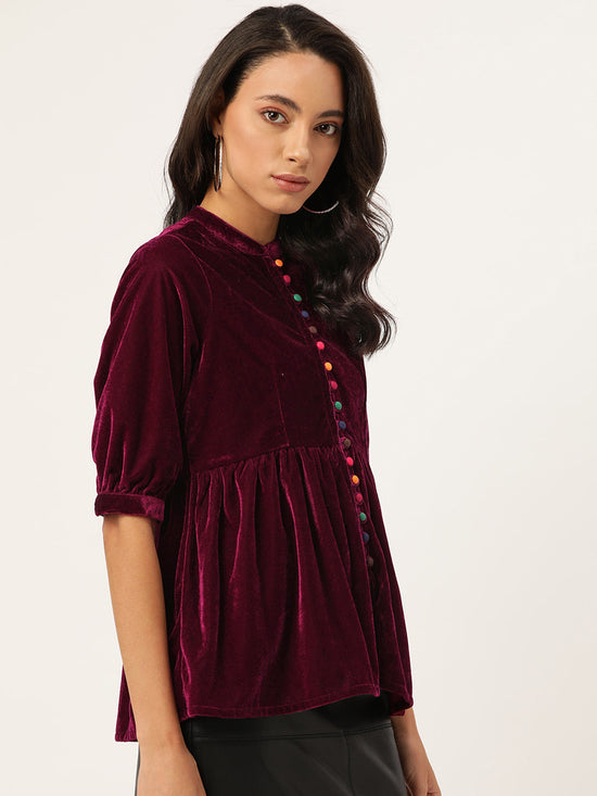 Burgundy Velvet Front Button Gathered Top