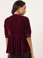 Burgundy Velvet Front Button Gathered Top