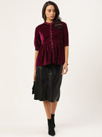 Burgundy Velvet Front Button Gathered Top