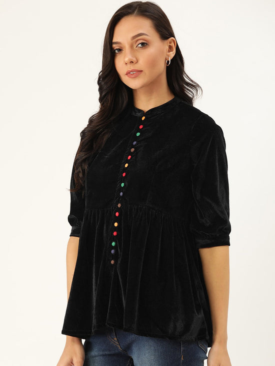 Black Velvet Front Button Gathered Top