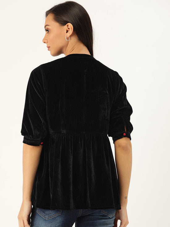 Black Velvet Front Button Gathered Top