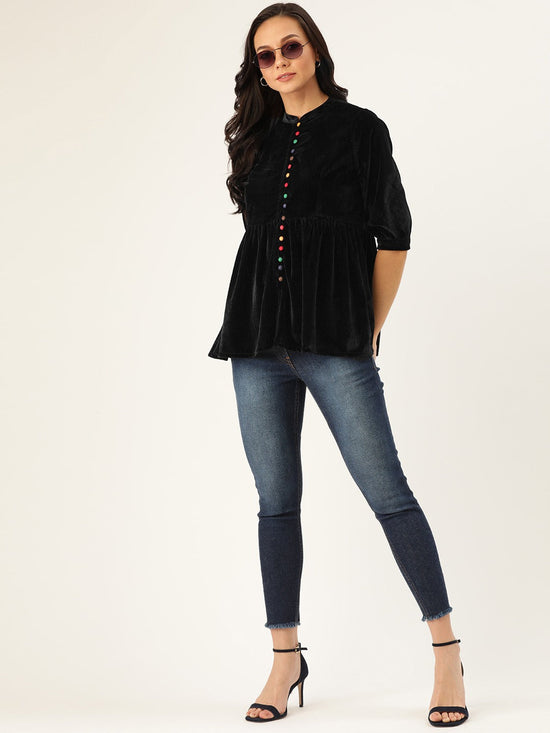 Black Velvet Front Button Gathered Top