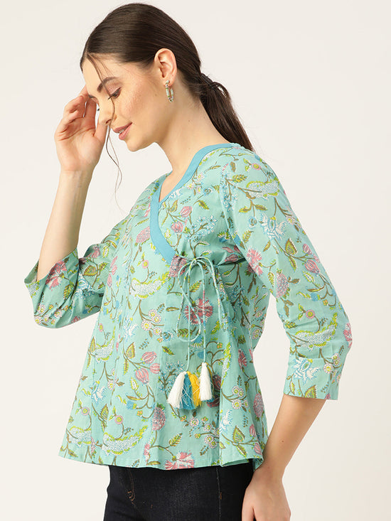 Sea Green Floral Angrakha Top