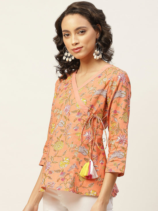 Peach Floral Angrakha Top