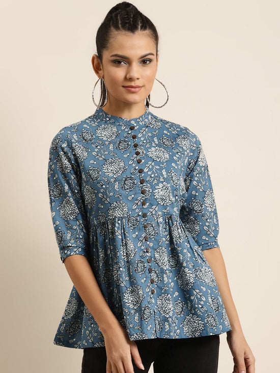 Blue Floral Front Button Gathered Top