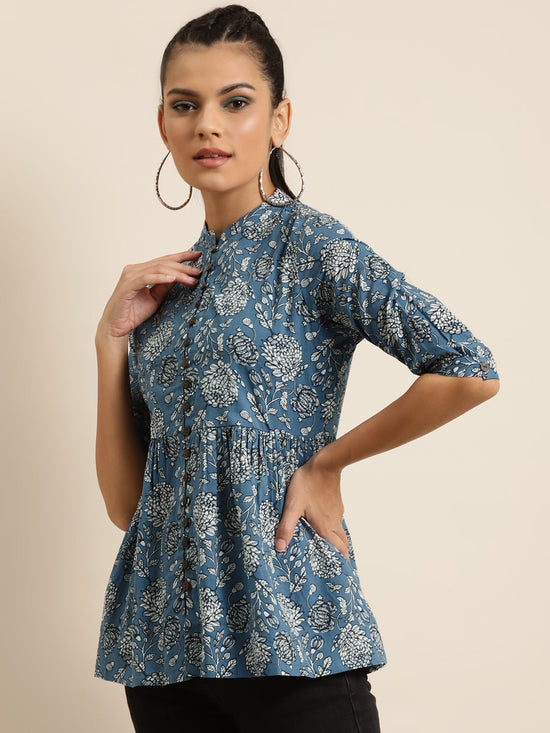 Blue Floral Front Button Gathered Top