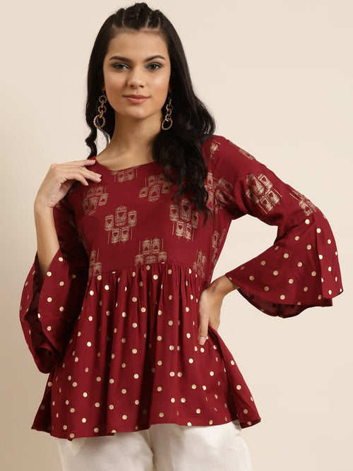 Maroon Foil Print Flared Sleeves Top