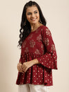 Maroon Foil Print Flared Sleeves Top