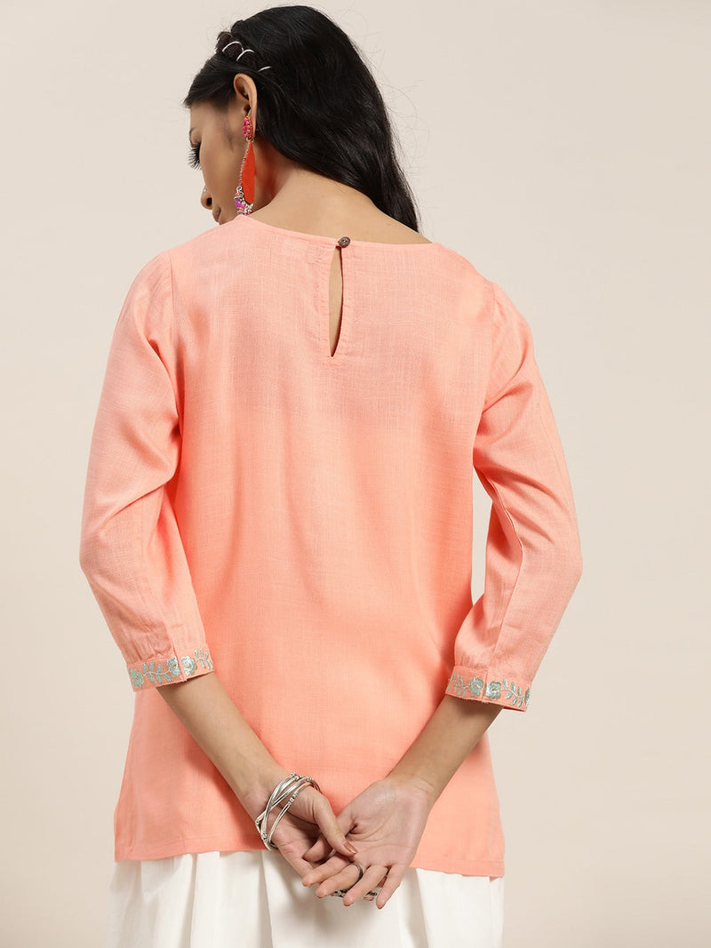 Peach Round Neck Embroidery Top