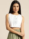 White Motif Embrodery Liva Crop Top