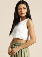 White Motif Embrodery Liva Crop Top