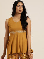 Mustard Embroidered Liva Peplum Top