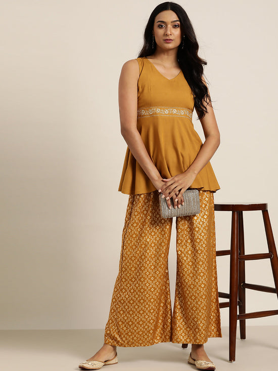 Mustard Embroidered Liva Peplum Top