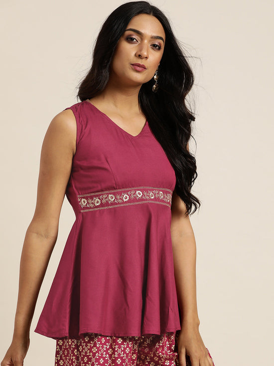 Burgundy Embroidered Liva Peplum Top