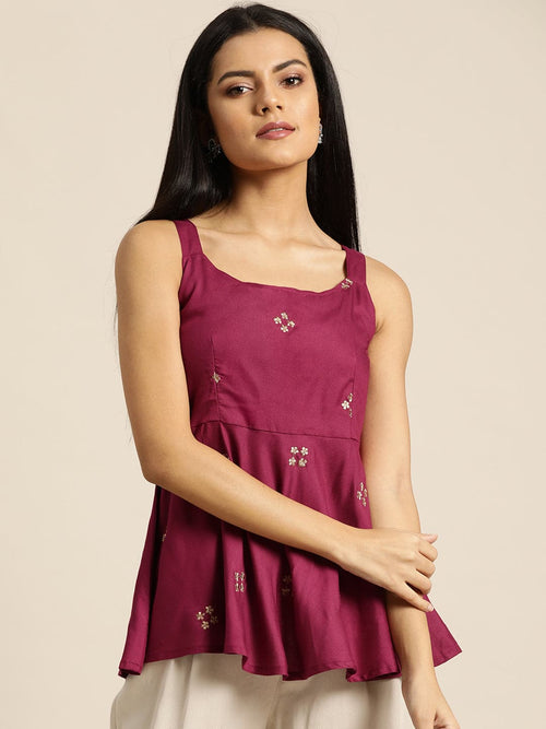 Burgundy Zari Embroidered Liva Strappy Top