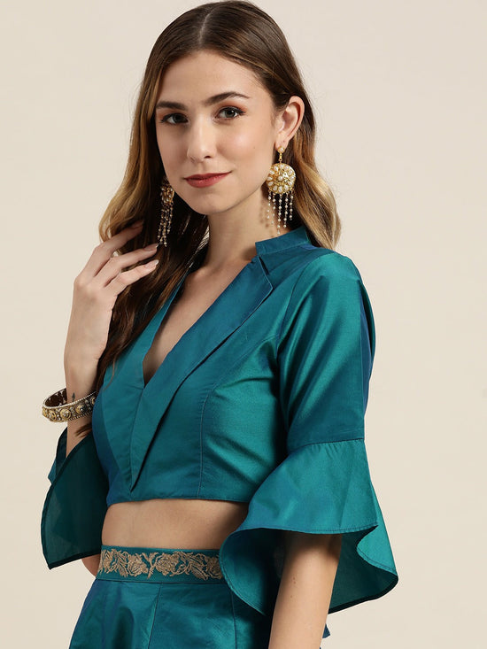 Teal Knotch Collar Crop Top