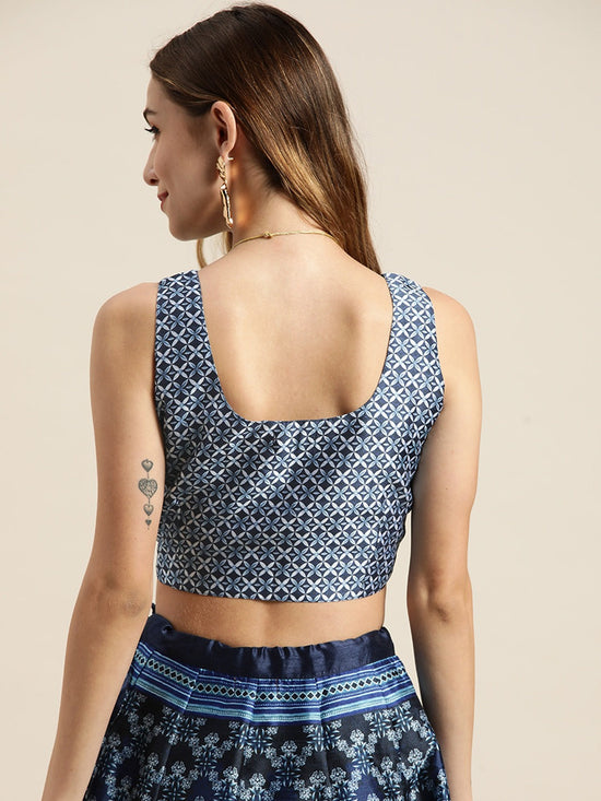 Indigo Floral Geo Print Sleeveless Crop Top