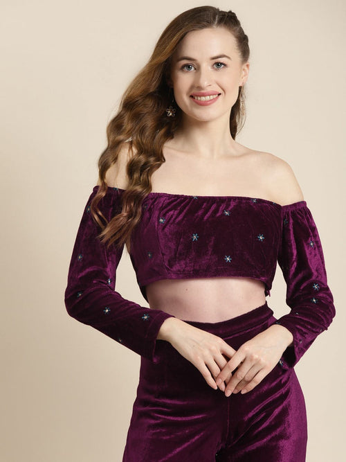 Purple Off Shoulder Velvet Embroidered Crop Top