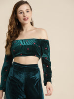 Teal Off Shoulder Velvet Embroidered Crop Top