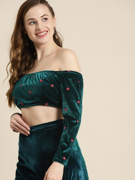 Teal Off Shoulder Velvet Embroidered Crop Top