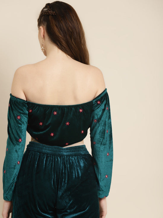 Teal Off Shoulder Velvet Embroidered Crop Top