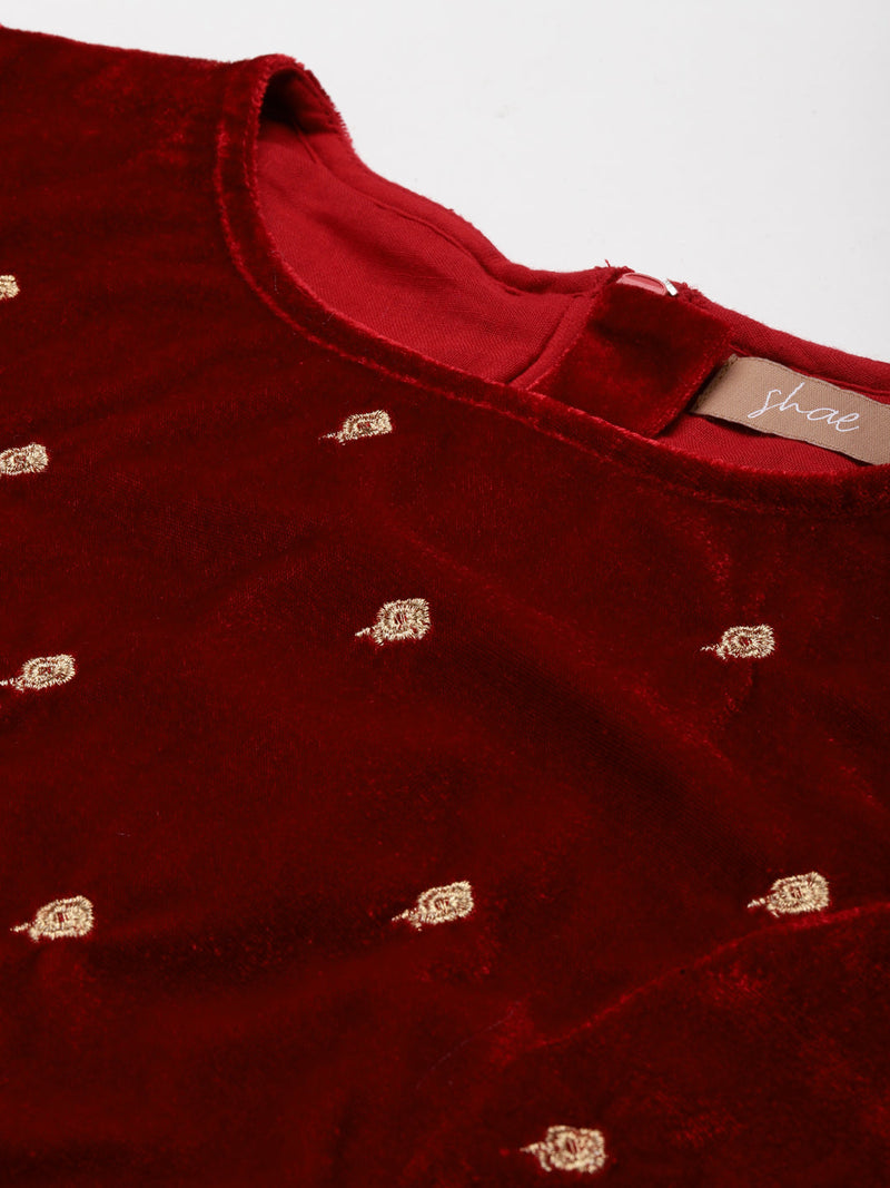 Maroon Full Sleeve Embroidered Velvet Crop Top