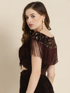 Brown Embroidered Fringe Lace Velvet Crop Top