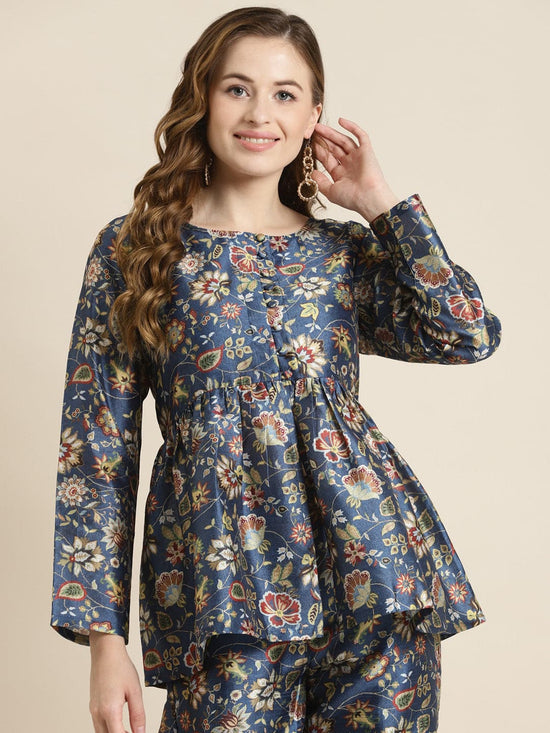 Navy Floral Front Button Top