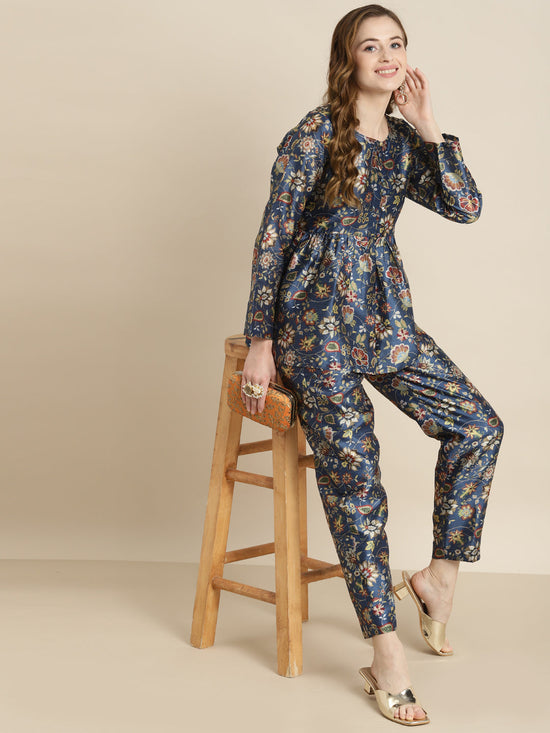 Navy Floral Front Button Top