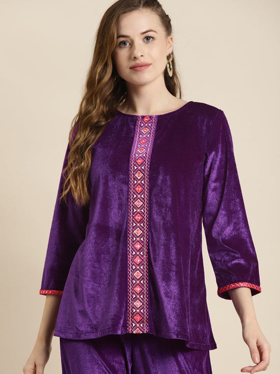 Purple Velvet Front Embroidered Top