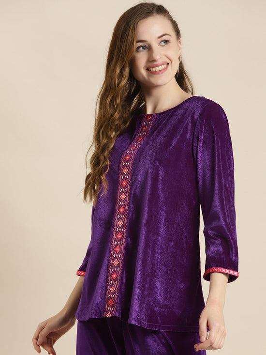 Purple Velvet Front Embroidered Top