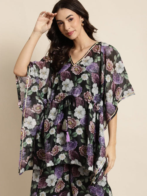 Black & Lilac Floral Short Kaftan Top