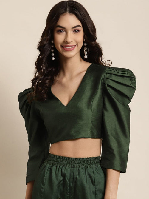 Green Puff Shoulder Crop Top