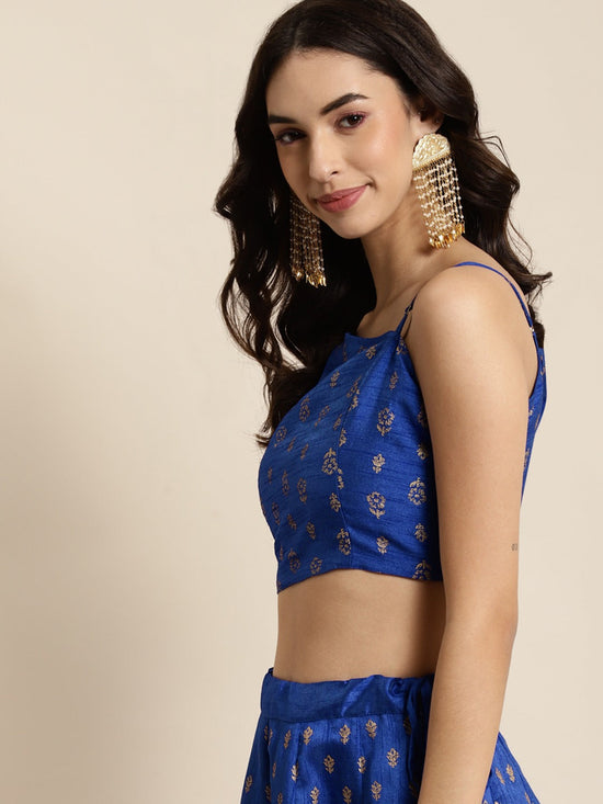 Royal Blue Foil Floral Puff One Shoulder Crop Top