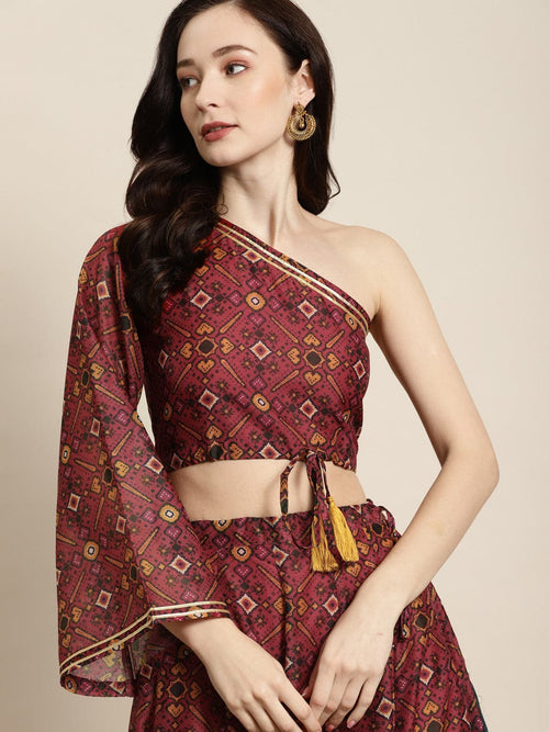 Women Maroon Patola One Shoulder Crop Top