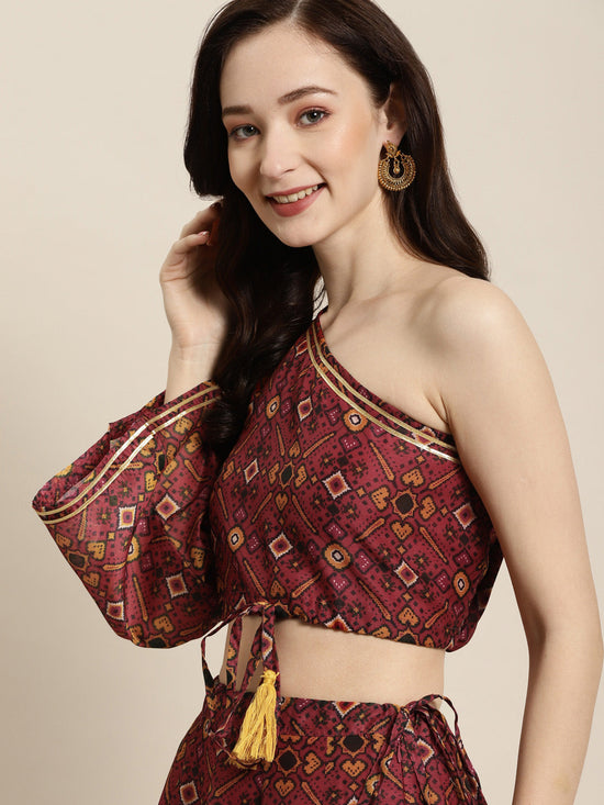 Women Maroon Patola One Shoulder Crop Top