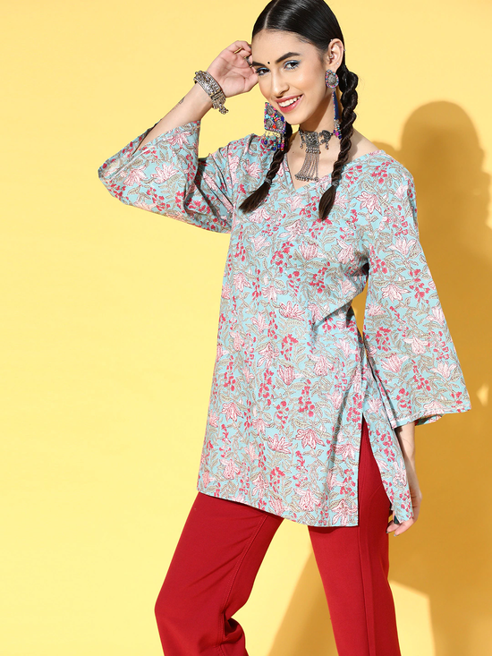 Women Sky Blue Big Floral Flared Sleeves Top