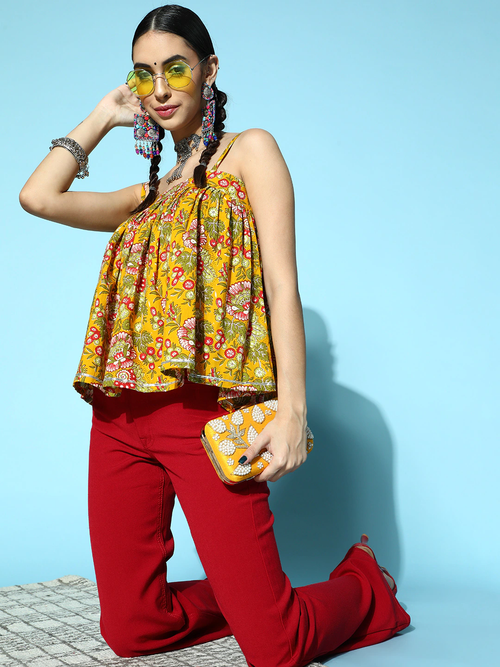 Women Mustard Big Floral Strappy Top