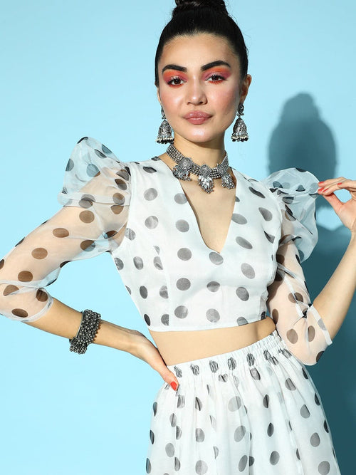 Women White & Black Polka Puff Shoulder Crop Top