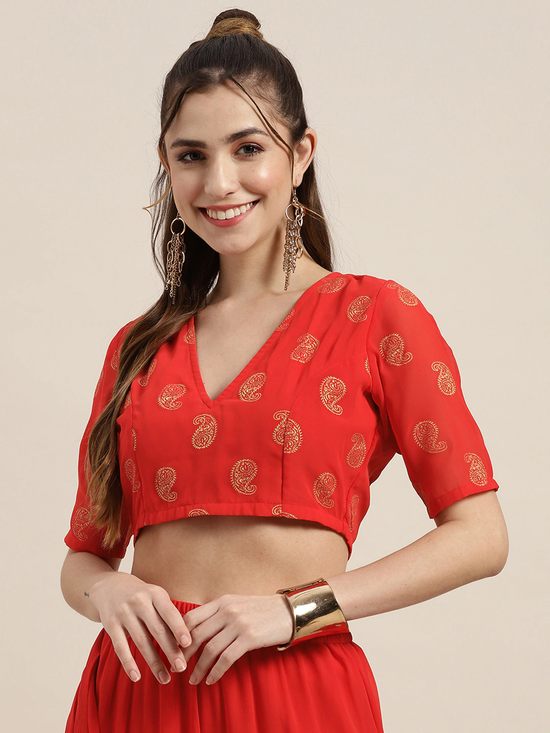 Women Red Foil Print V Neck Crop Top