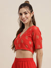 Women Red Foil Print V Neck Crop Top