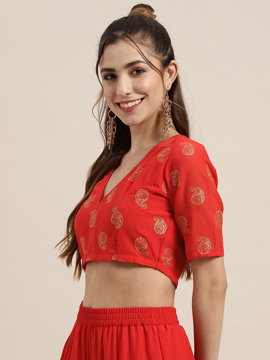 Women Red Foil Print V Neck Crop Top