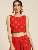 Women Red Foil Print Back Bow Tie Crop Top