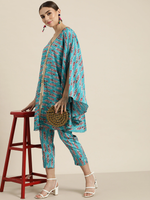 Women Blue Feather Print Lace Detail Kaftan Top