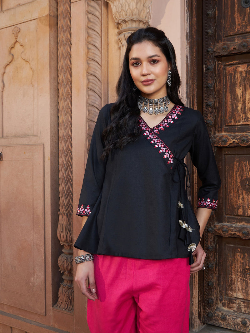 Women Black Embroidered Angrakha Top