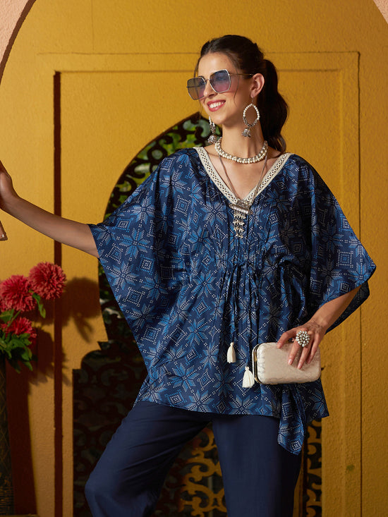 Women Blue Floral Short Kaftan Top