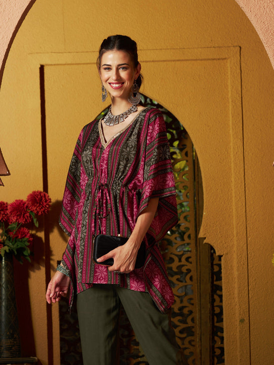 Women Maroon Geometric Floral Short Kaftan Top