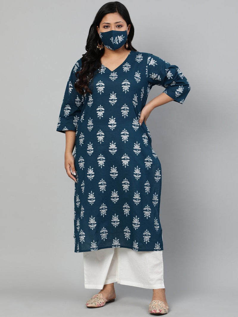 Plus Size Women Teal Blue Printed Straight kurta with Three Quarters Sleeves