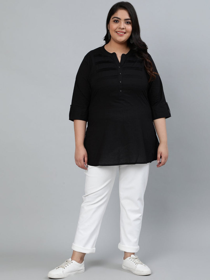 Women Solid Black Plus Size Tunic With Three Quarter Sleeves